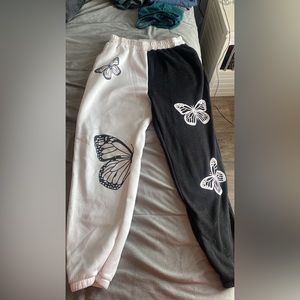 black and white joggers w/butterflies